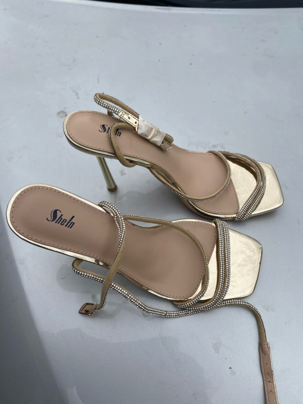SHEIN Gold Rhinestone Strappy Square Toe Slingback Heels